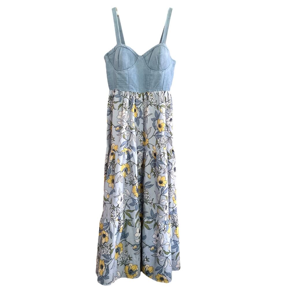 BOG Collective Blue Denim Corset Flower Tiered Maxi Dress Medium